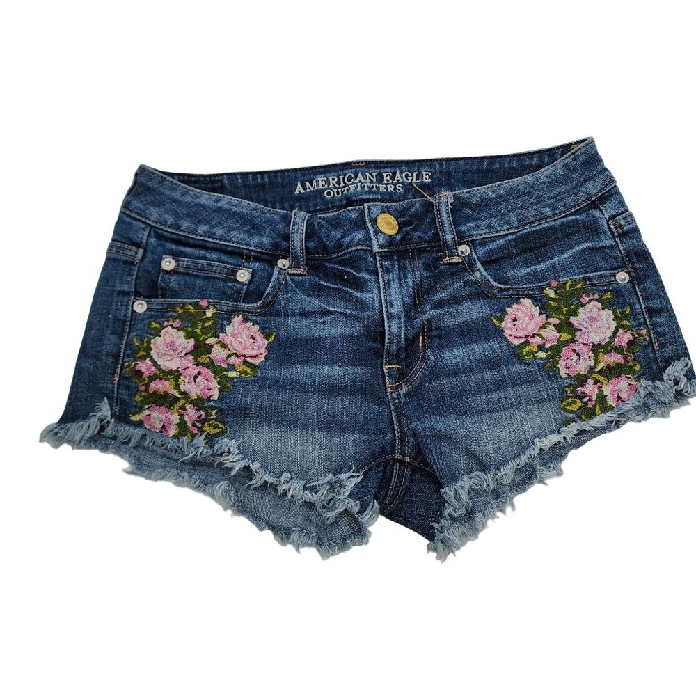 American Eagle Stretch Embroidered Floral shortie Jean Denim shorts womens 2
